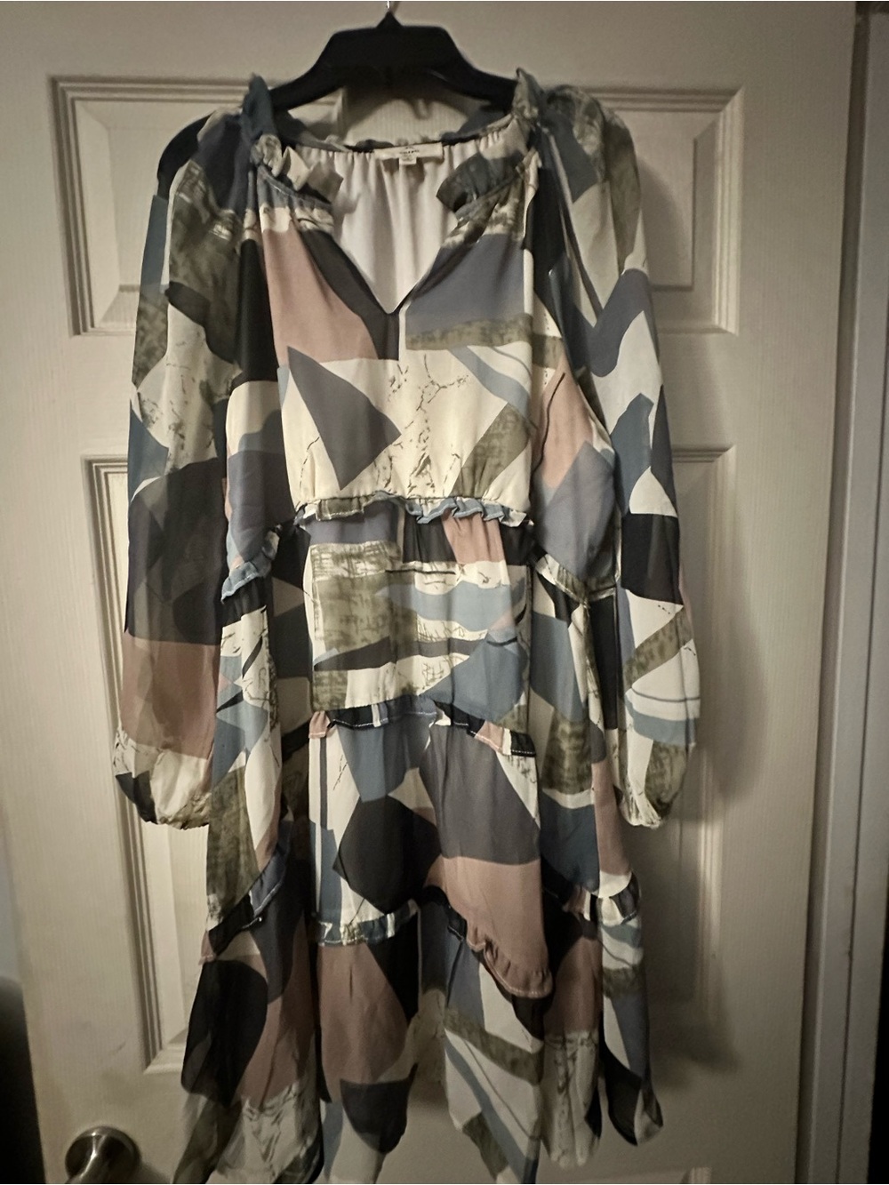 entro Abstract Tiered Midi Dress in Blue, Cream, Gray and Taupe